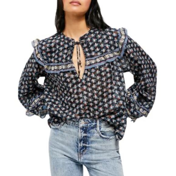 Free People Jenna Printed Blouse Night Combo Tie Neck Peasant Ruffle Boho Small - Picture 1 of 9